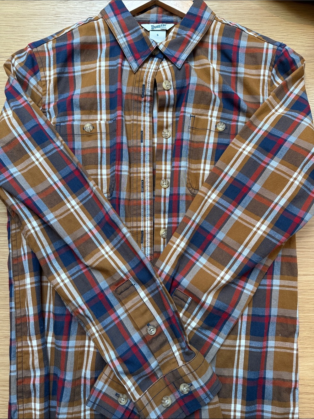 Duluth Trading Co Men's Plaid Button-Down Shirt in Brown, Blue & Red